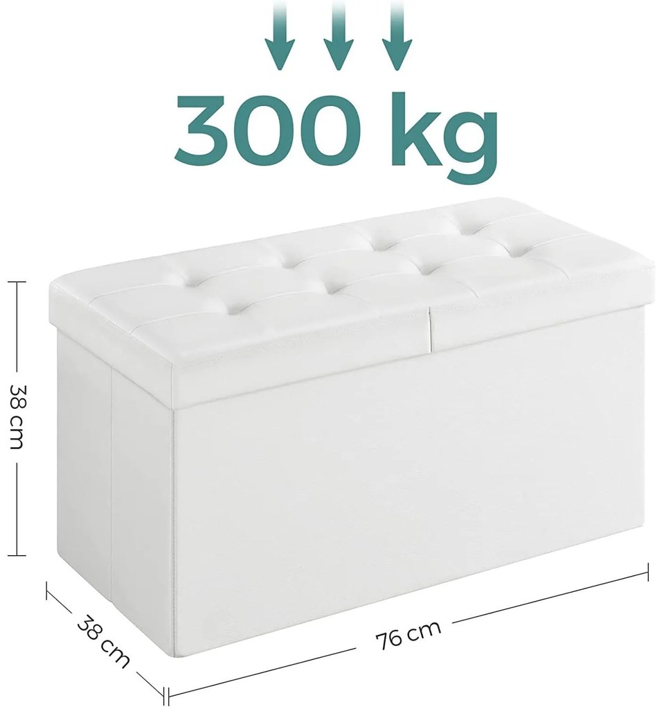 Puff, összecsukható tárolópad ottomán 80L, 76x38x38 cm, fehér