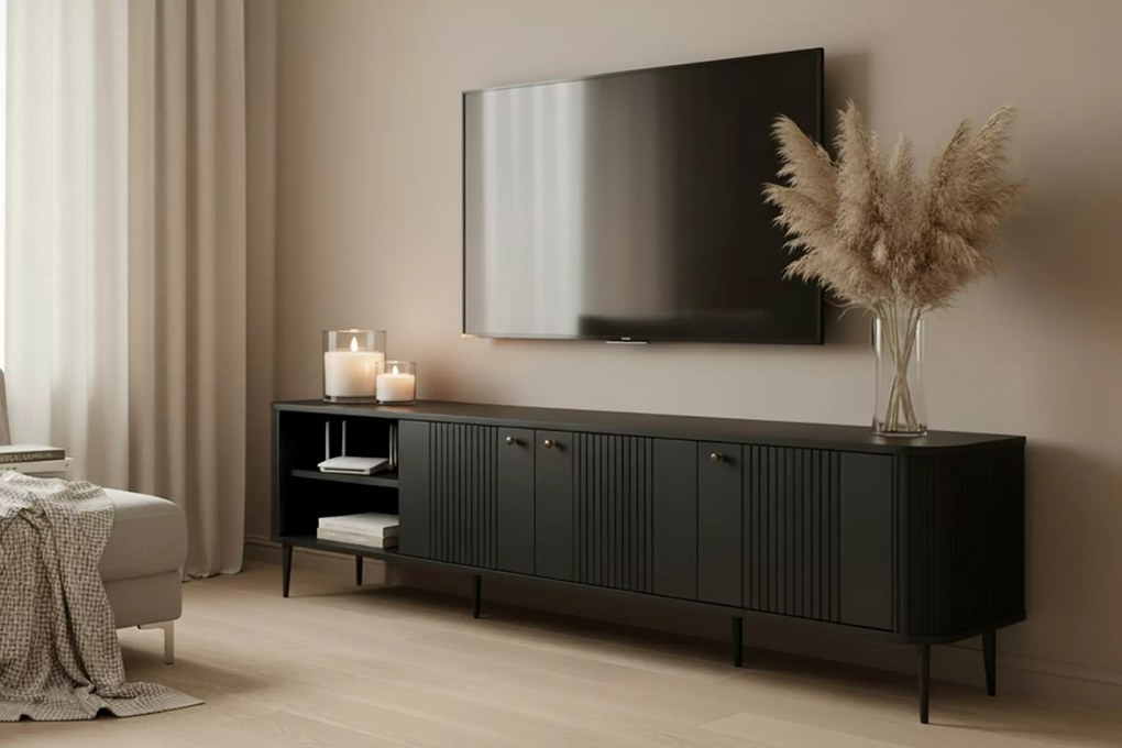 Vesper 3D TV-szekrény 187 cm - fekete / fekete lábak