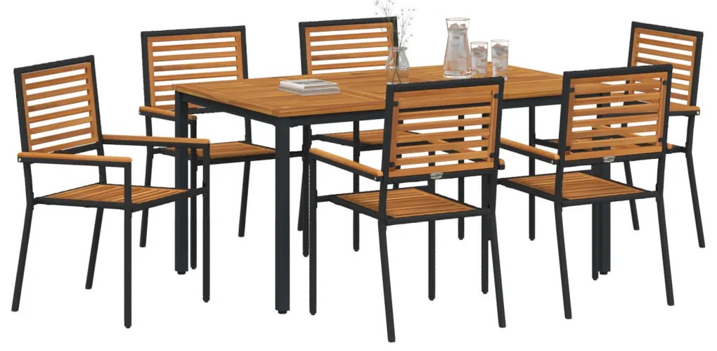 7 darabos kerti étkezőszett Fekete Polyrattan Akác, Egymásra rakható kerti székek párnákkal 2 db Fekete Polyrattan, Kerti asztal 150x90x75 cm Masszív Akácfa és Fém