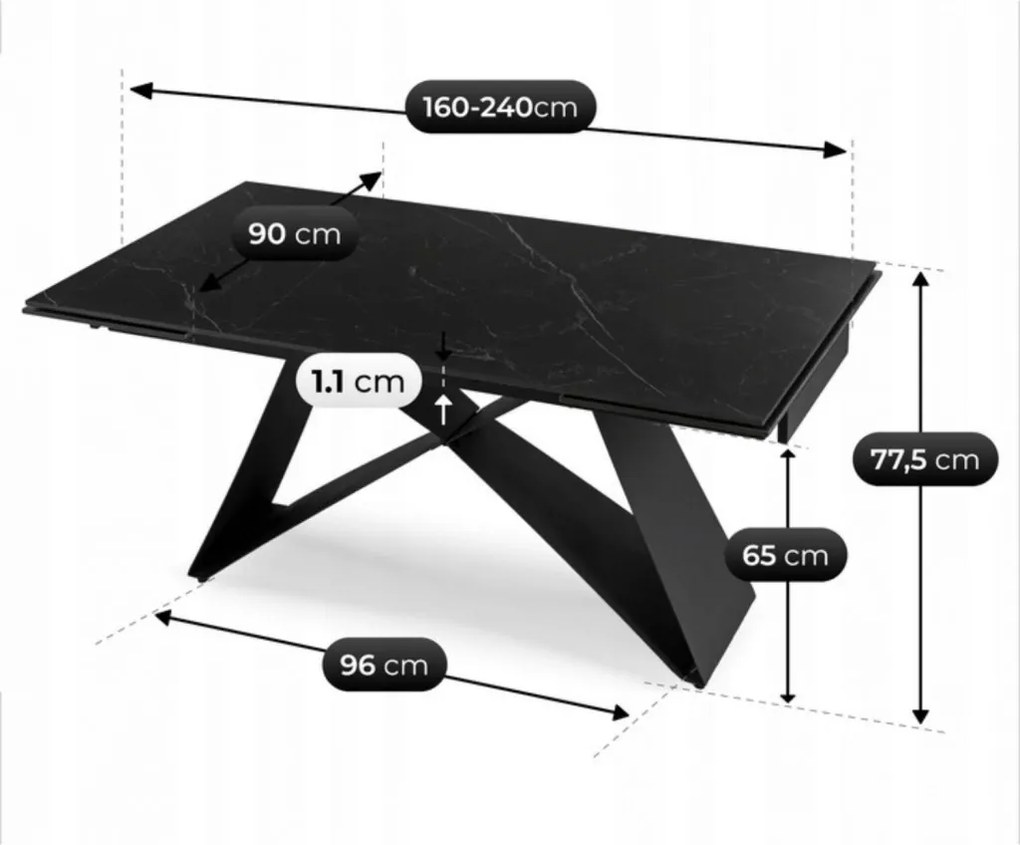 Stół VICTOR Ceramiczny Rozkładany 160-240 cm Czarny márvány/Czarny