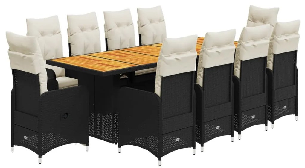11 részes fekete polyrattan kerti bisztrógarnitúra párnákkal