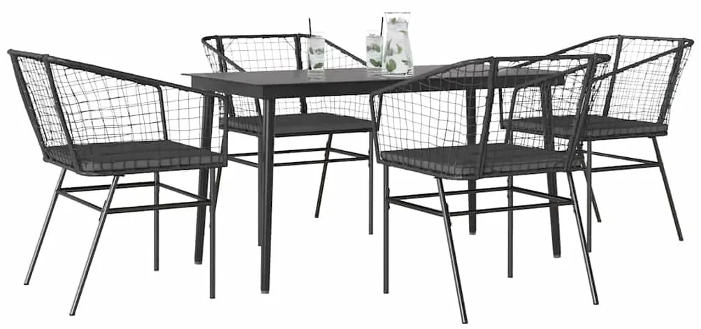 vidaXL 5 részes fekete polyrattan üveg kerti étkezőgarnitúra párnákkal