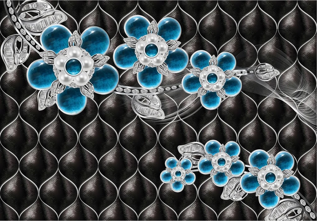 Fotótapéta Kék Glamour Virágok 3D Ezüst Design 460x300 +ragasztó