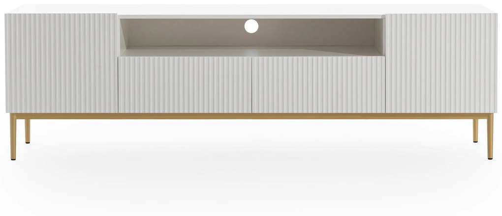 Nicole TV-szekrény 200 cm nyitott polccal és fiókokkal - matt fehér / arany lábak