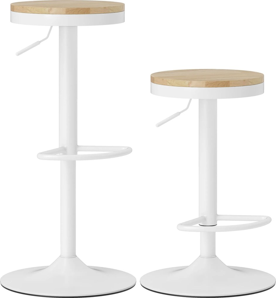 HOMCOM 2 db állítható 360°-os forgó bárszék – natúr fa ülőke, fehér acélváz | Aosom