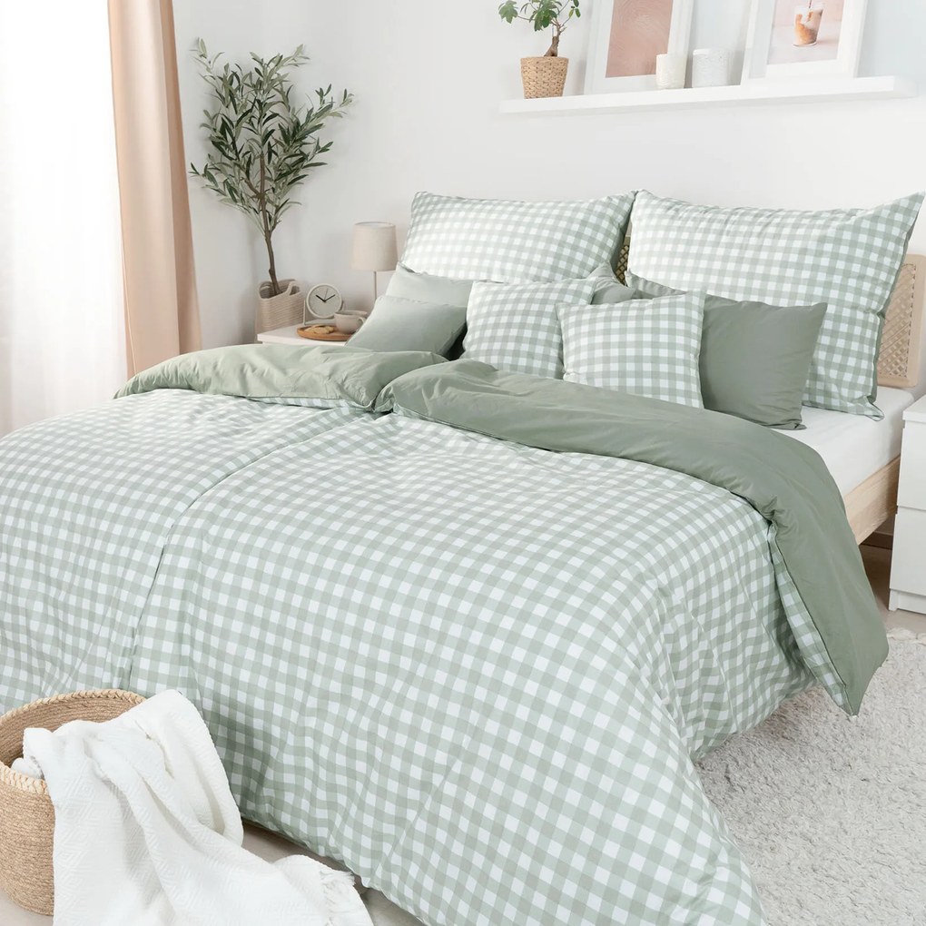 Goldea pamut ágyneműhuzat duo - zsálya színű kockás, zsálya színű hátoldal 200 x 200 és 2db 70 x 90 cm