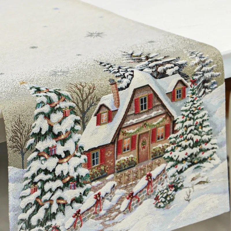 Alpesi barna házikós, gépi gobelin asztali futó, 44 x 140 cm