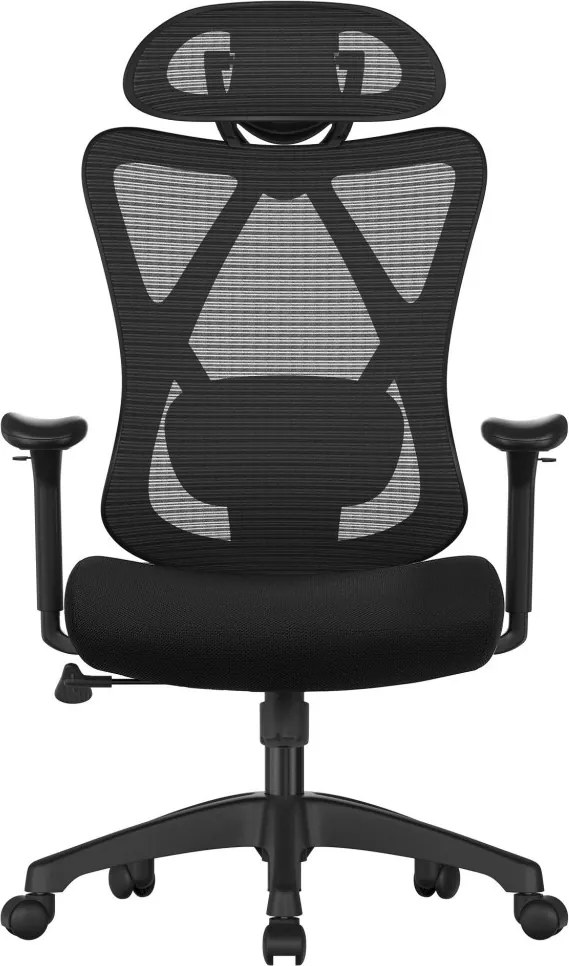 Irodai ergonomikus szék, állítható deréktámasszal és fejtámlával, fekete