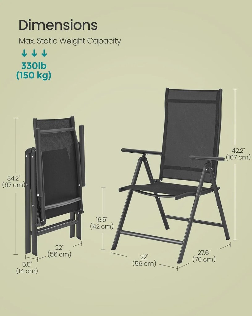 4 darabos összecsukható kerti székkészlet, 8-szögben dönthető háttámlával, max. székenként 150 kg teherbírás, fekete