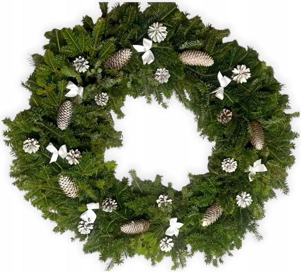 Dívány lájfhekk Élő koszorú fehér tobozokkal, sírra, karácsonyra 70cm