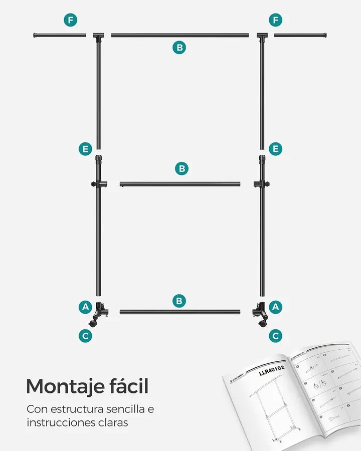 Dupla Ruhafogas, Állítható Felső Rúddal, Görgős, 113-180 cm, Fekete