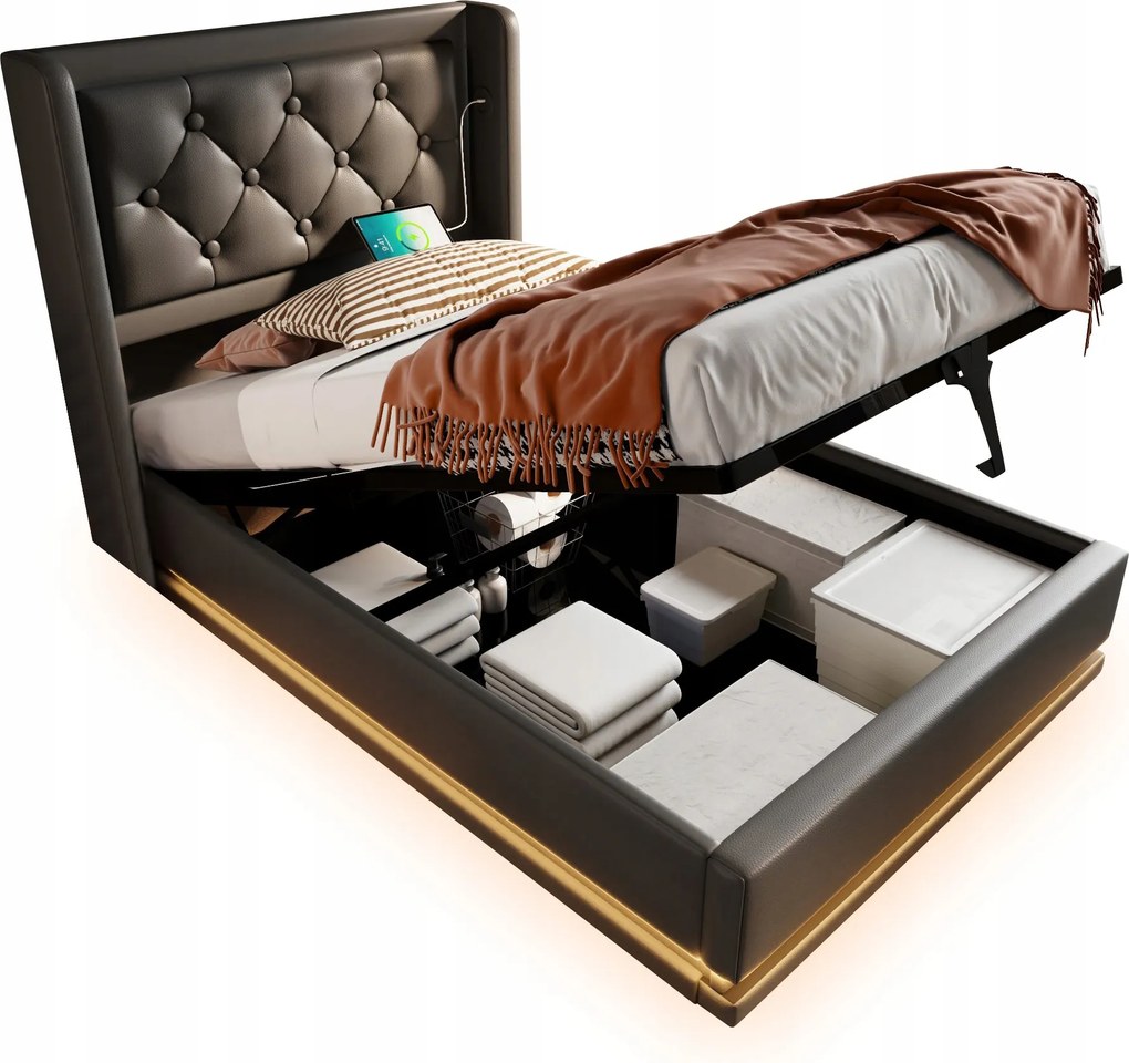 Egyszemélyes ágy kárpitozott méretek 90x200cm fekete Pu Usb Led Fekete