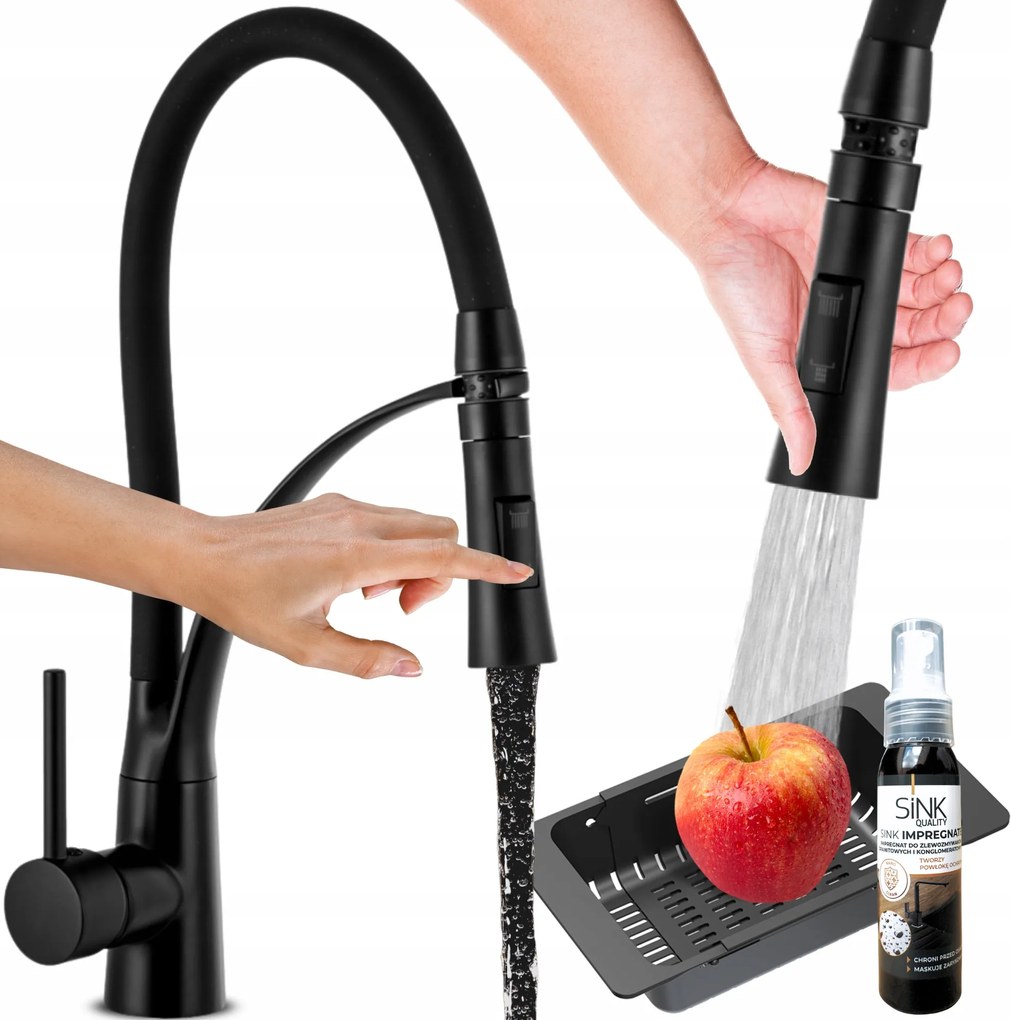 Konyhai Csaptelep Flexibilis Hosszú Kifolyócsővel Mosogató Fekete Csaptelep 7in1