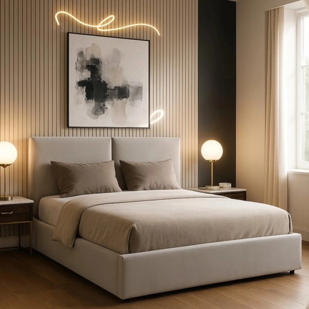 Krém Bársony Franciaágy Ágyneműtartóval. 180×200 MARSYLIA