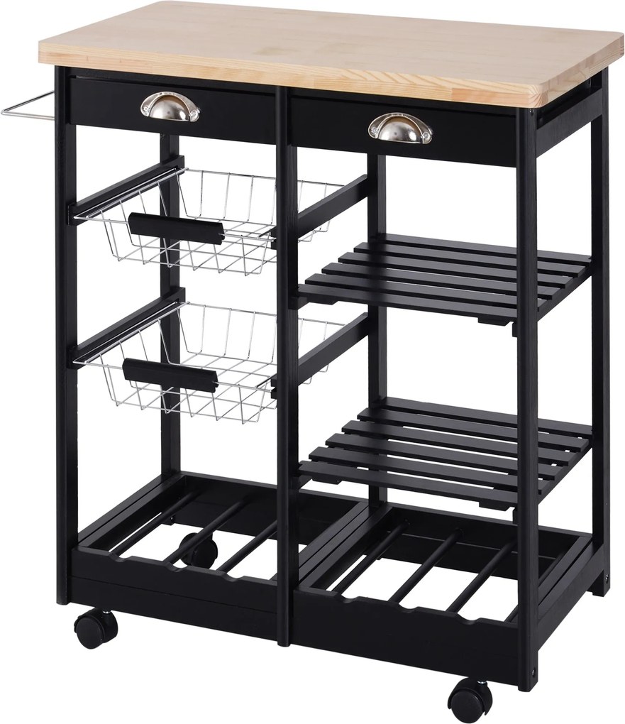 HOMCOM Mobil Konyhai Kocsi Kerekekkel - Zöldség Trolley Konyhai Fiókkal, Kosarakkal és Polcokkal - 74x37x76 cm | Aosom