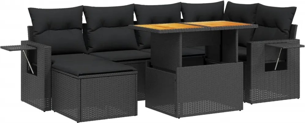 vidaXL 7 részes fekete polyrattan kerti ülőgarnitúra párnával