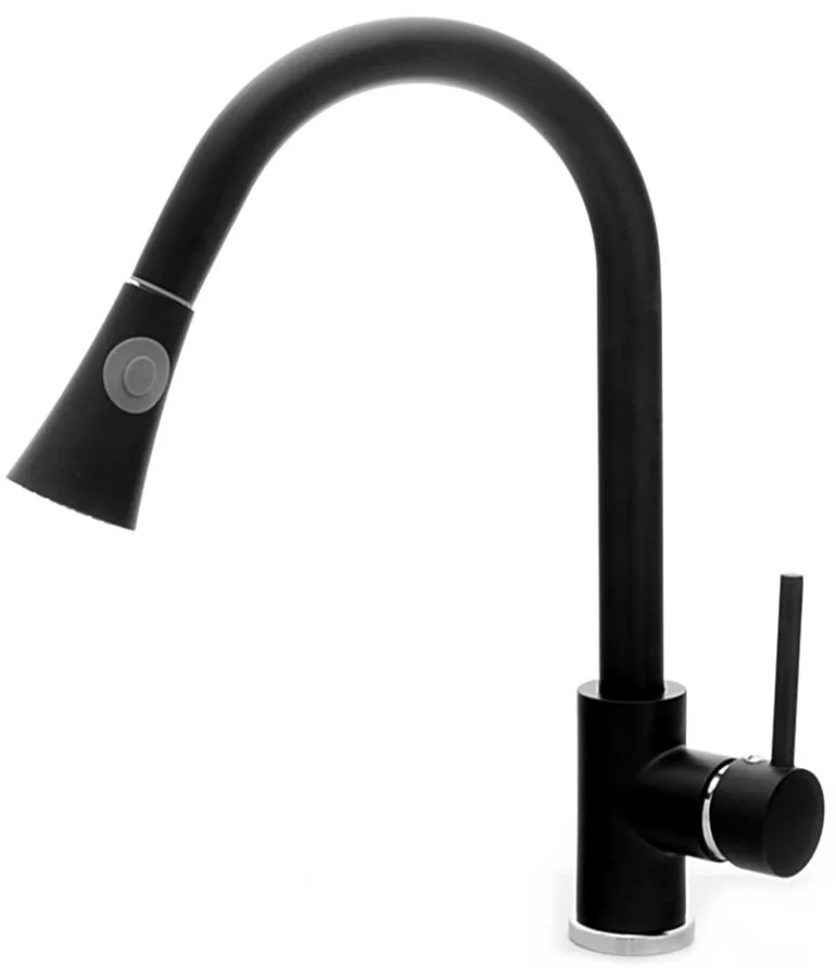 Gránit mosogató NERO Eris + kihúzható zuhanyfejes Snake csaptelep + adagoló + dugókiemelő (matt fekete)