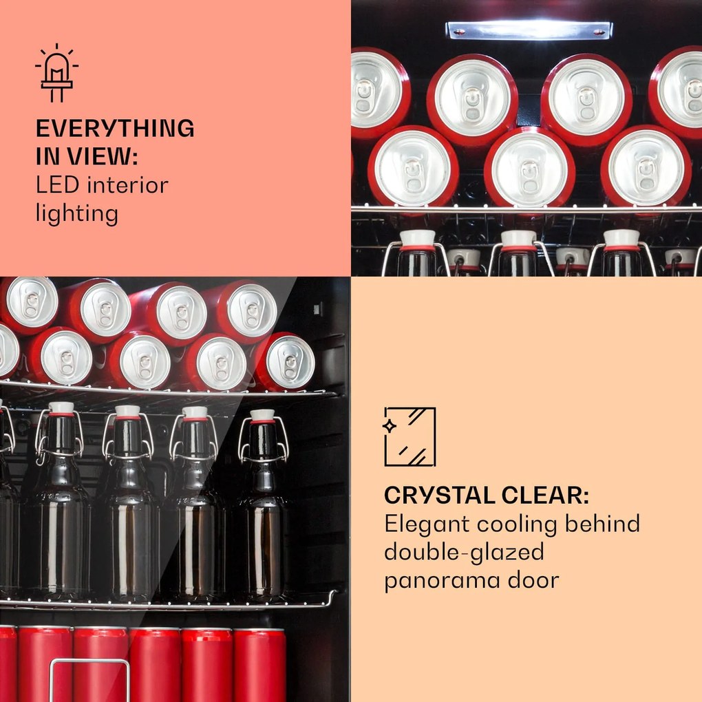 Klarstein Beersafe XL, hűtőszekrény, 60 literes, 2 polc, dupla hőszigetelt panorámaajtó, rozsdamentes acél