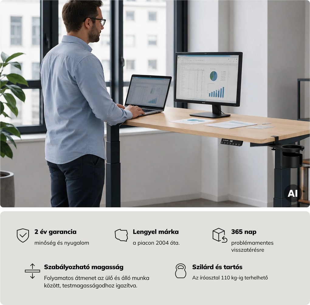 Elektromos íróasztal magasságállítással ergonomikus antracit/sonoma tölgy,1600x800 mm: ARIA