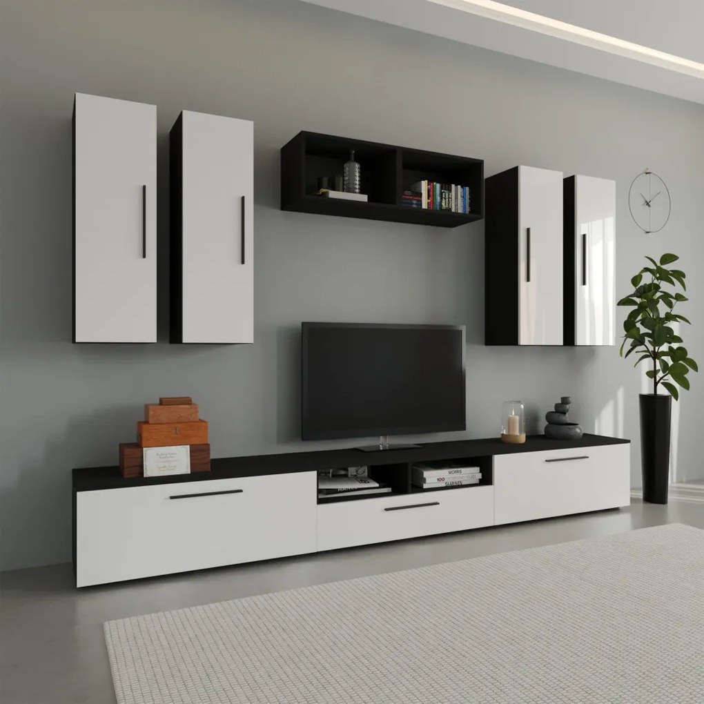 Kos V4 nappali szekrénysor, Fekete / Fényes fehér, MDF, 285 cm
