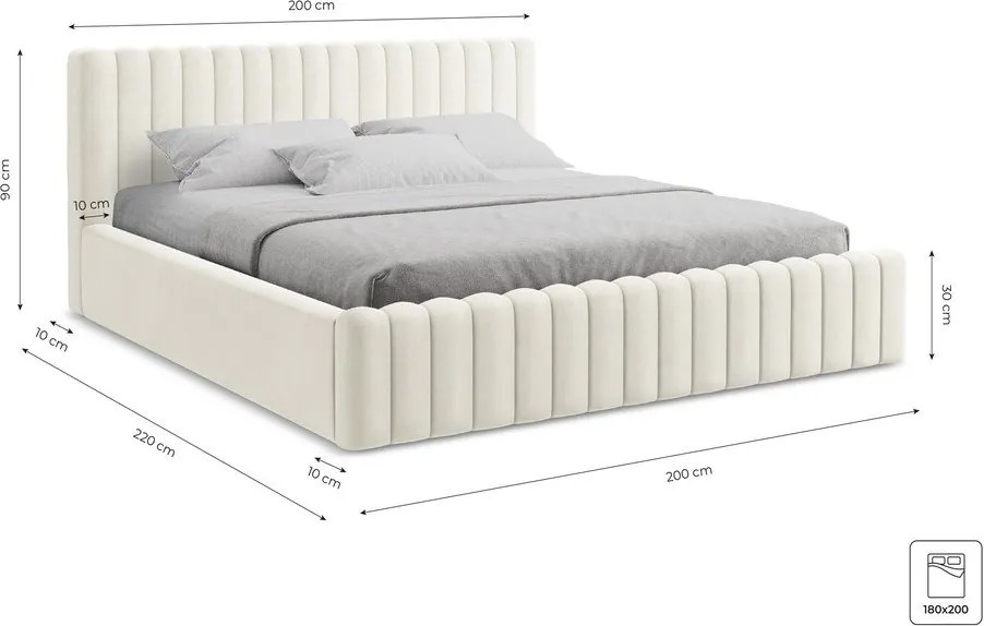 Krémszínű kárpitozott ágyneműtartós franciaágy ágyráccsal 180x200 cm Lemi – Makamii