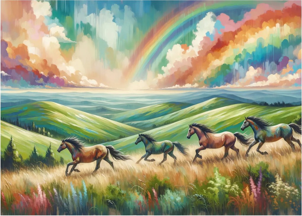 Üveg kép – Vágtázó lovak a tájban (70x50 cm)