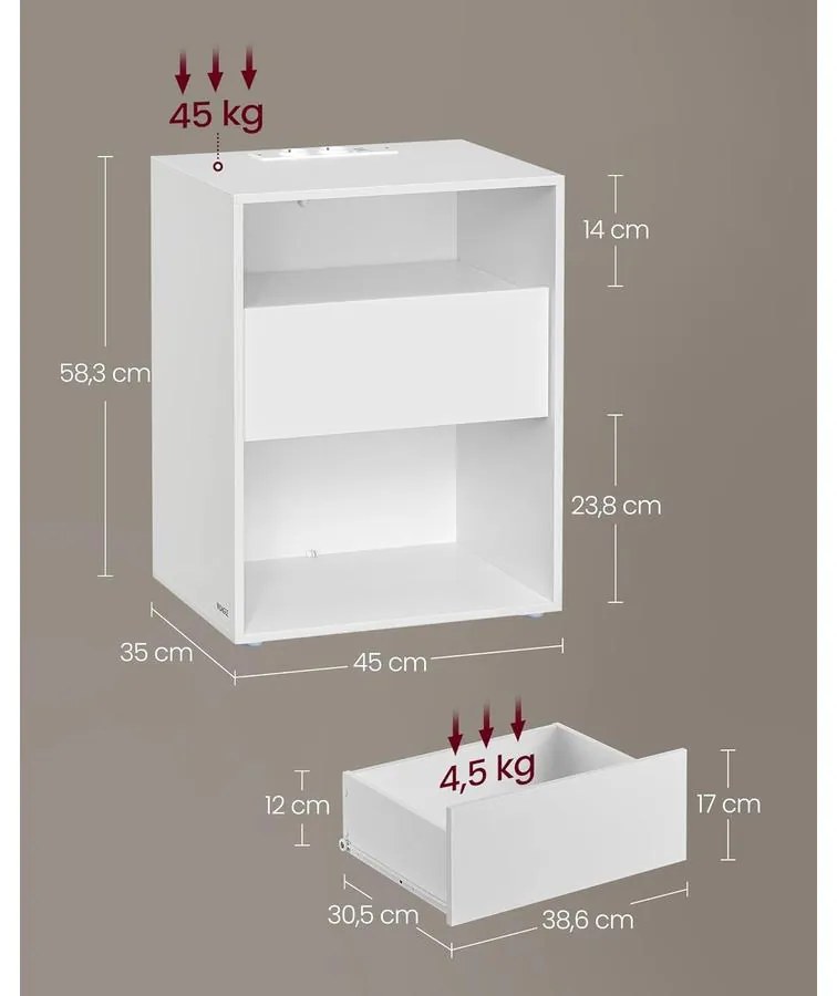 VASAGLE éjjeliszekrény 2 darabos szett beépített töltőfunkcióval, matt fehér