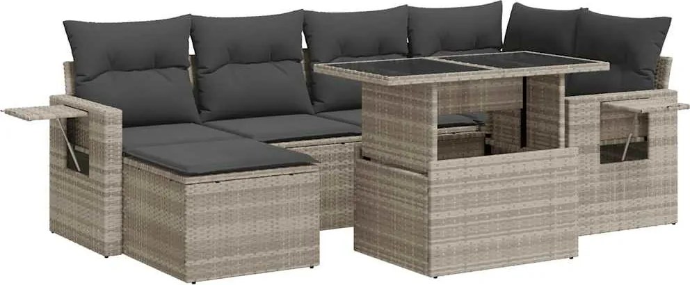 vidaXL 7 részes világosszürke polyrattan kerti ülőgarnitúra párnákkal