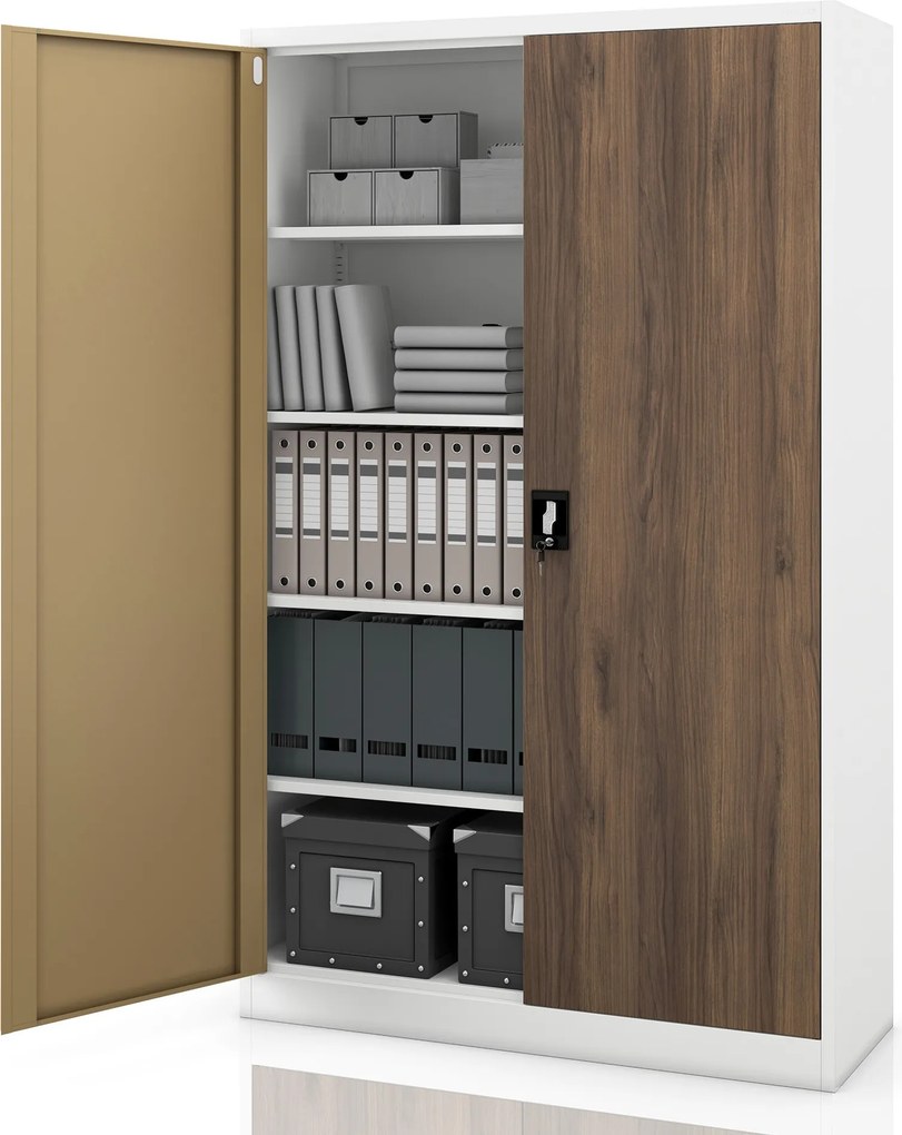 Irodai fém irattározó szekrény fehér / dió: Eco Design JAN II, 1150 x 1850 x 400 mm