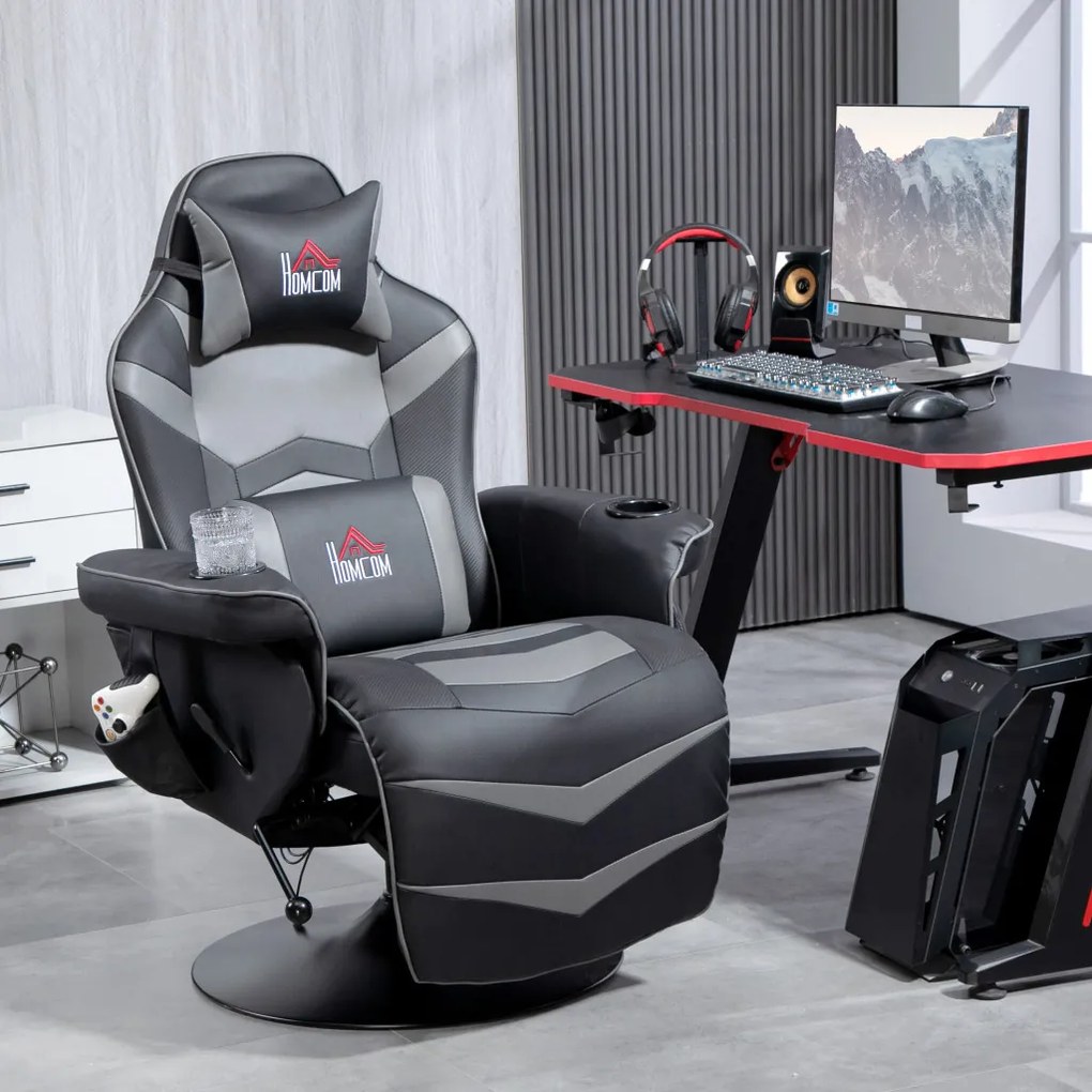 HOMCOM Gamer szék, masszázs funkció, dönthető háttámla, lábtartó, 120 kg-ig, acél keret, műbőr, szürke
