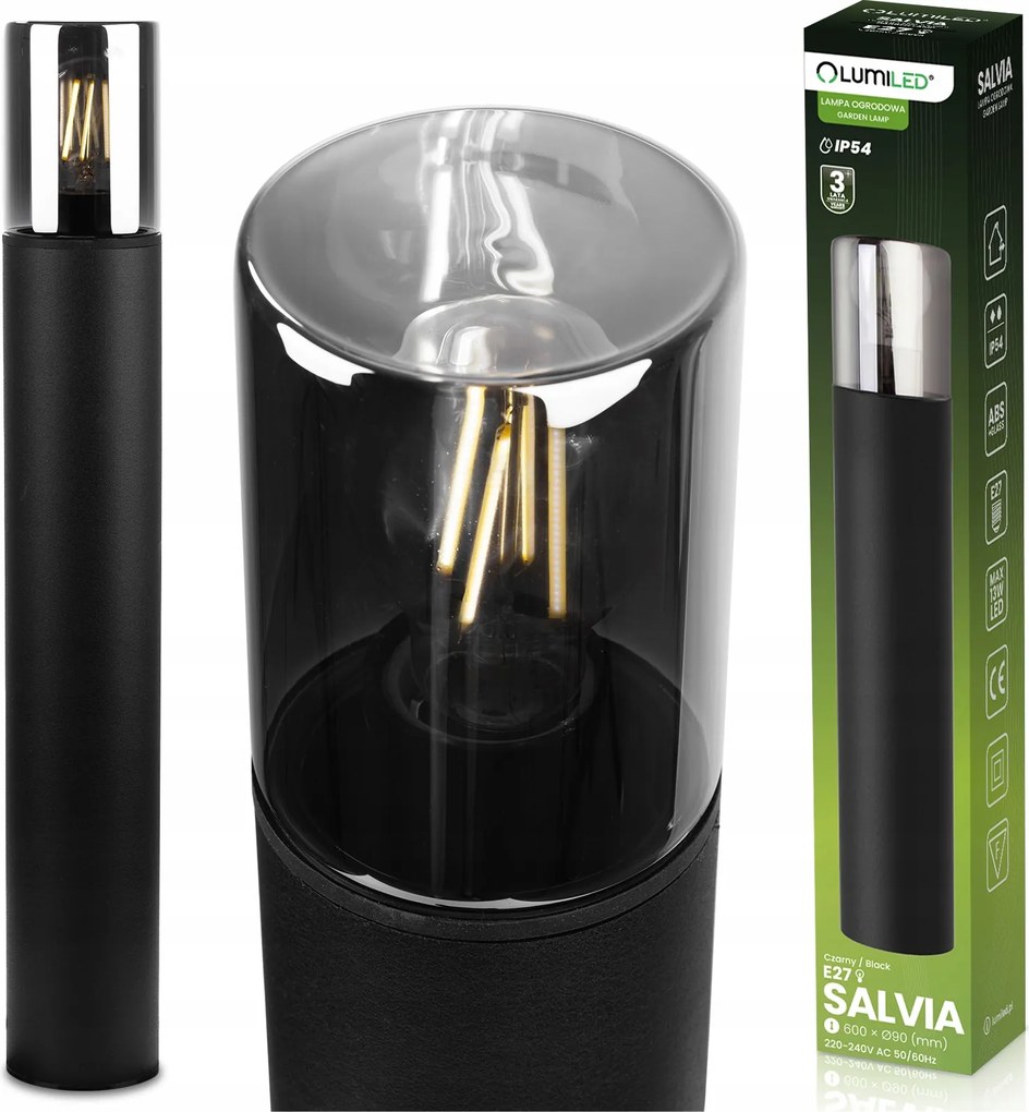 Kerti Álló Lámpa Kültéri Led oszlop E27 Fekete Üveg IP54 60cm