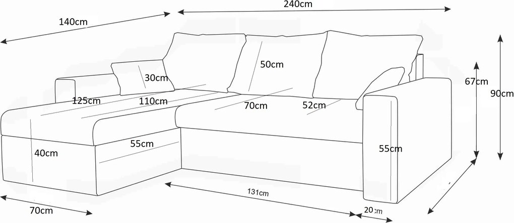 Kinyitható kétoldalas L alakú ülőgarnitúra NORIX 240x140 cm, sötétszürke polccal + 2 párnát INGYEN