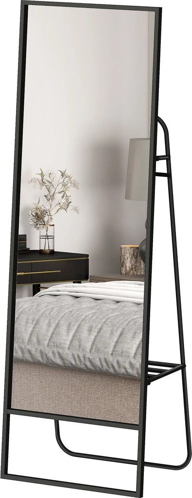 HOMCOM Álló Tükör 157 x 50 cm Téglalap Alakú Polccal, 2 Horoggal, Fém Kerettel, Nagy Tükör, Öltöztető Tükör Hálószobához, Nappalihoz, Előtérhez, Feket