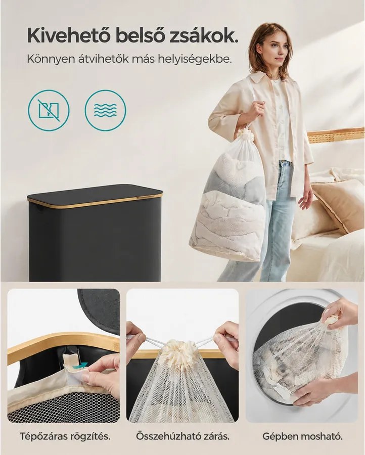 Fedeles, 3 rekeszes mosókosár, 150L, levehető bélés, összecsukható, fekete