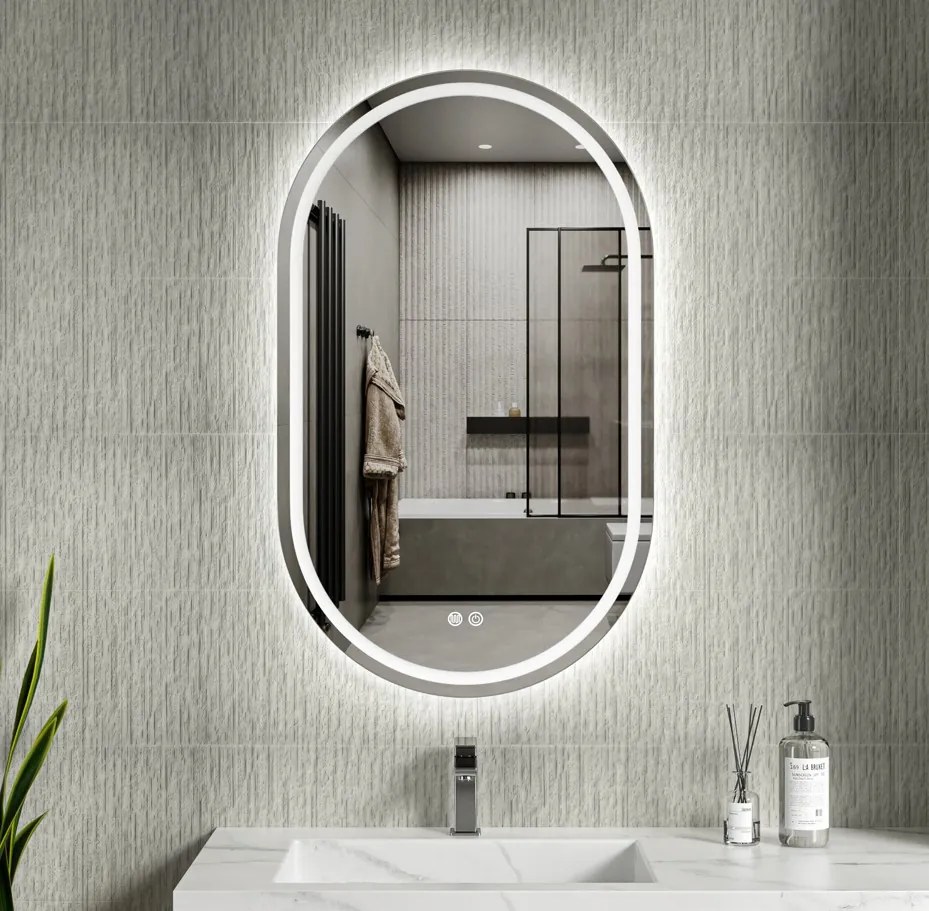 Erga Lyra, ovális LED tükör 60x100cm, 3 színű fény, első és hátsó világítás, páramentes fűtőbetét, ERG-V01-Lyra-6010-CL