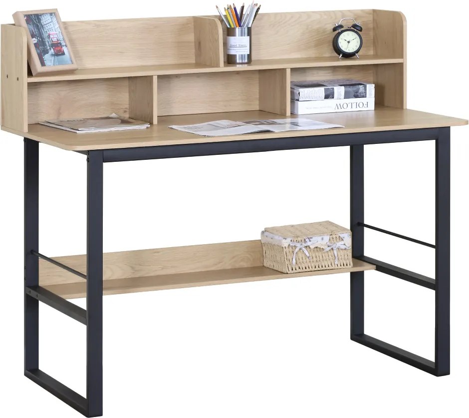 Polcos íróasztal / számítógépasztal 120×60 cm, masszív fém vázzal, fekete–aranytölgy – Intenso Home