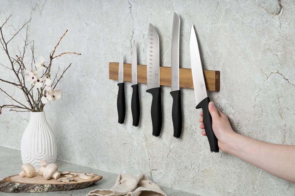 Matt fekete 6 részes rozsdamentes acél késkészlet akácfa mágneses akasztóval Berlinger Haus Matte Black
