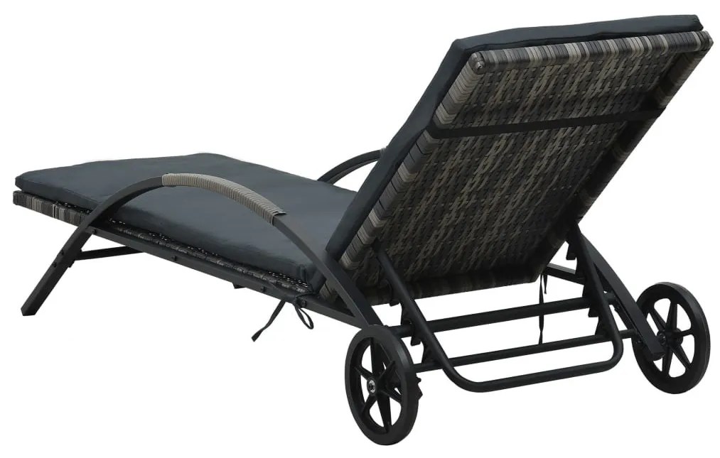 Antracitszürke polyrattan napozóágy párnával és kerekekkel