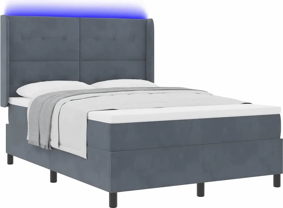vidaXL Boxrugós ágy LED -es lámpákkal Sötétszürke 140 x 200 cm Bársony