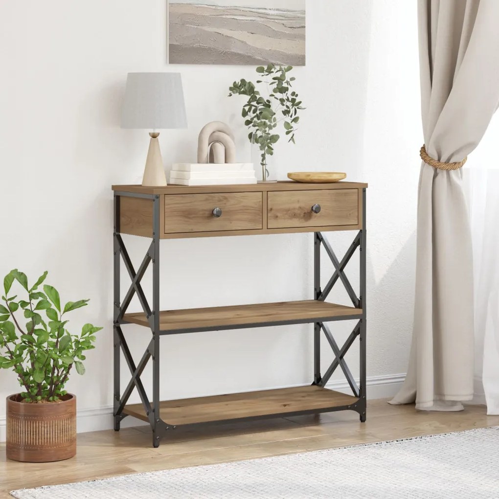 Konsole Asztal Kézműves Tölgy 75x28x75 cm Mérnöki Fa és Acél