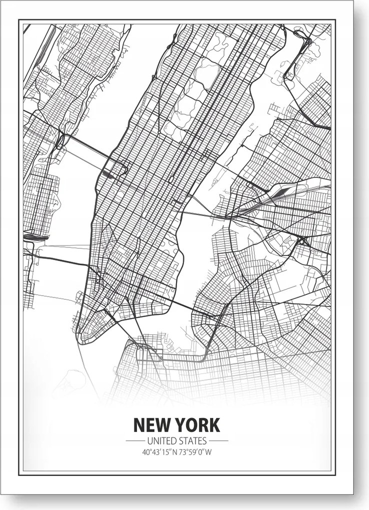 New York Térkép Fekete-fehér minimalizmus poszter B2 50x70cm New York #344