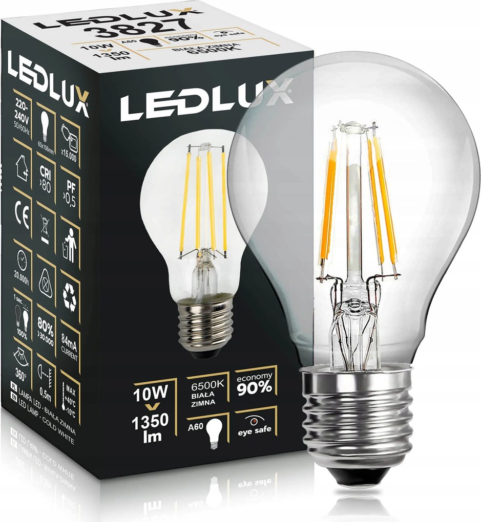 Izzó E27 Filament 10W=80W 6000K hideg Premium Ledlux edison