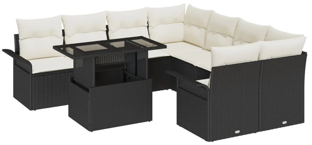 9 Részes Kertibútor Szett Párnákkal - Fekete Poly Rattan, 2-Fős Kertibútor Tárolóval és Párnákkal - Fekete Poly Rattan