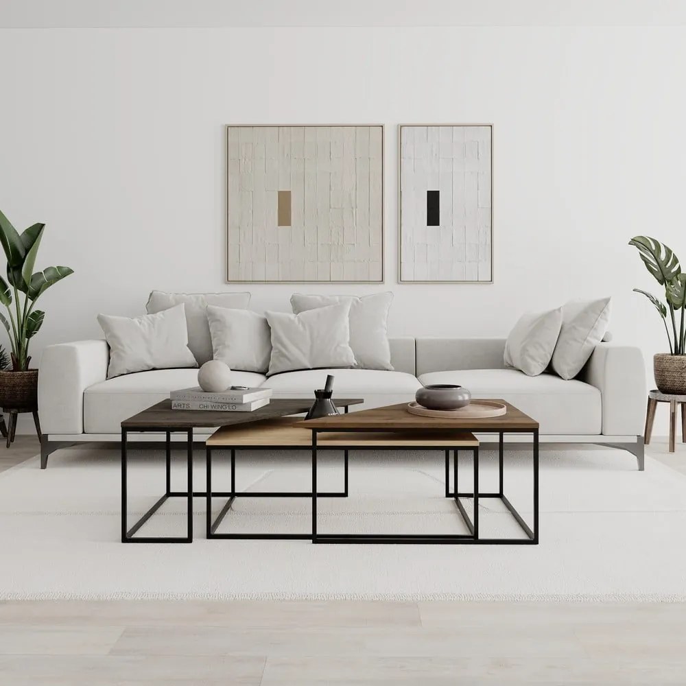 Natúr színű dohányzóasztal szett diófa dekoros asztallappal, 3 db-os 70x110 cm Titan – Marckeric