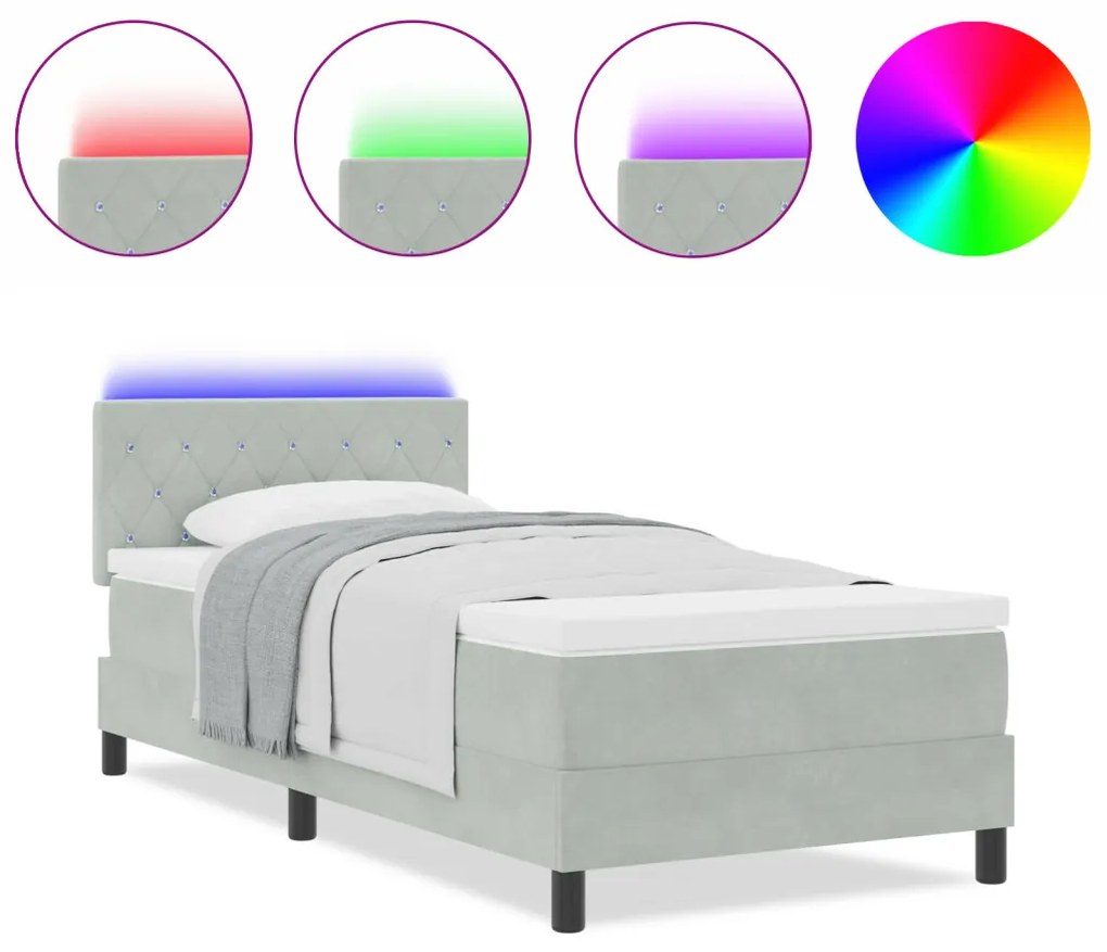 vidaXL LED Box Spring Ágy matracmal Világosszürke 90 x 200 cm Bársony