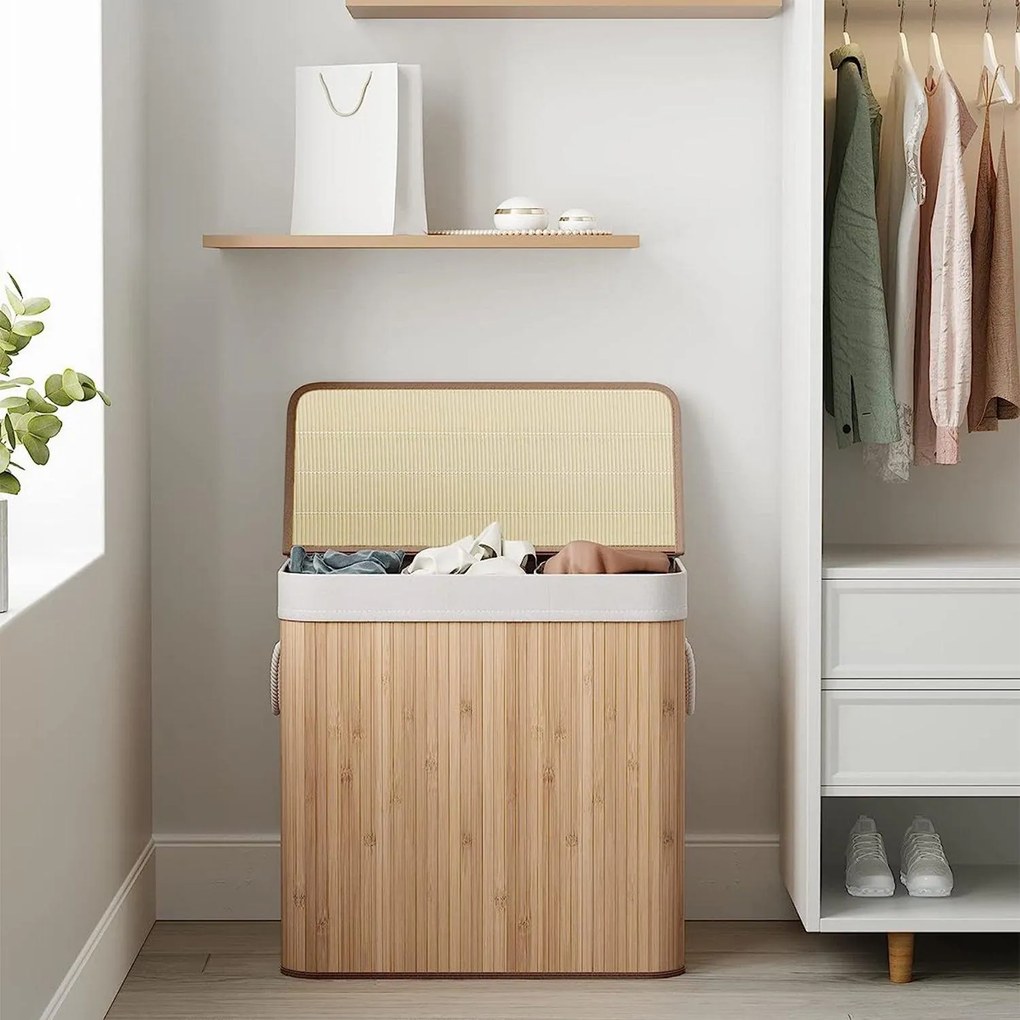 Bambusz szennyeskosár 3 rekesszel, fedéllel és fogantyúkkal, 150 literes