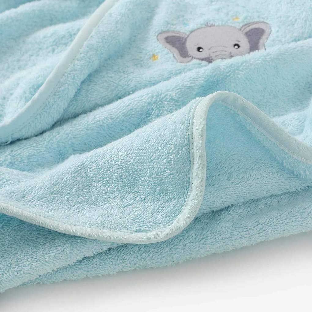 Goldea gyermek frottír fördőlepedő csuklyás - kék alapon elefánt 100 x 100 cm