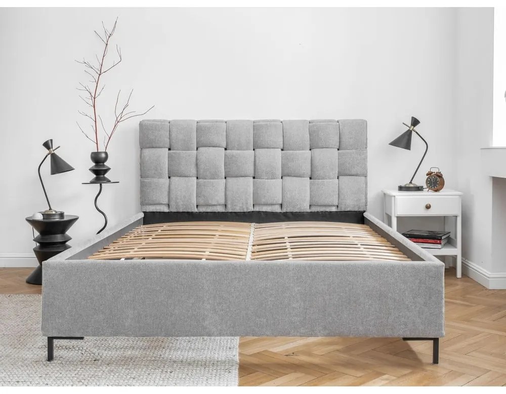 Világosszürke kárpitozott franciaágy ágyráccsal 180x200 cm Eve – Miuform