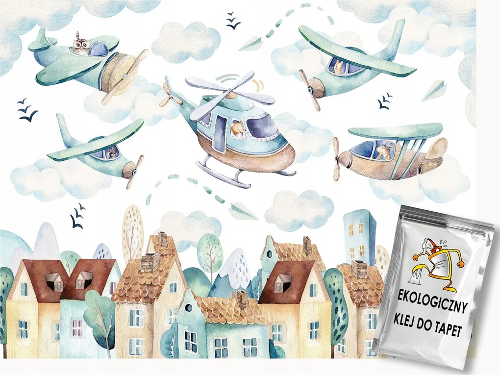 Fotótapéta Flizelina Repülőgépek Házak Helikopter Gyerekek Pasztell 200x140 ragasztó