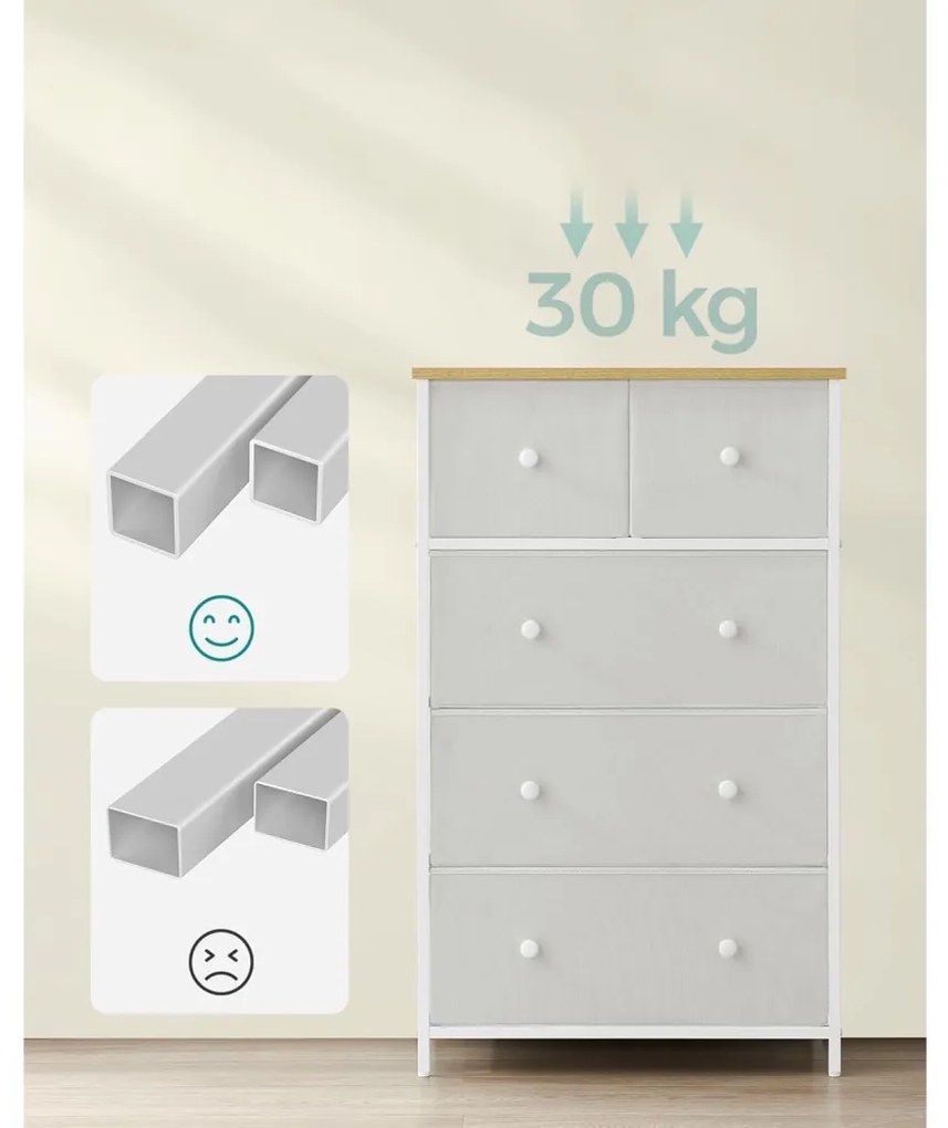 Tároló szekrény öt fiókkal, ruhás szekrény, fehér és tölgy 30 x 56 x 93 cm